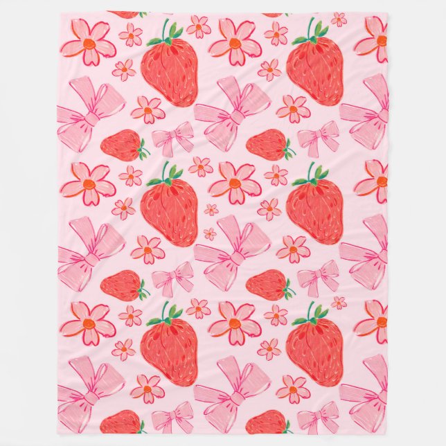 Couverture Polaire Coquette Vintage fraise Sherpa Blanche (Devant)