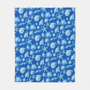 Couverture Polaire Coquillages. Thème marin. Cobalt bleu. Plaid en mo