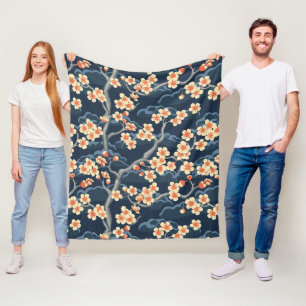 Couverture Polaire Corail Crème Sakura Bleu Marine Motif Floral