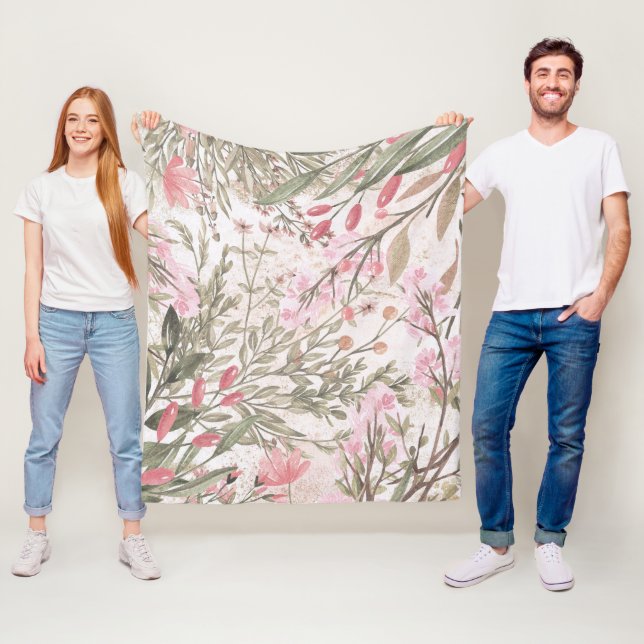 Couverture Polaire Corail rose pinceau forêt vert aquarelle florale (En situation)