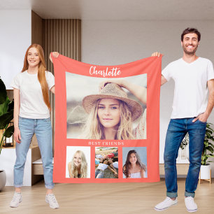 Couverture Polaire Coral orange photo collage fille amis