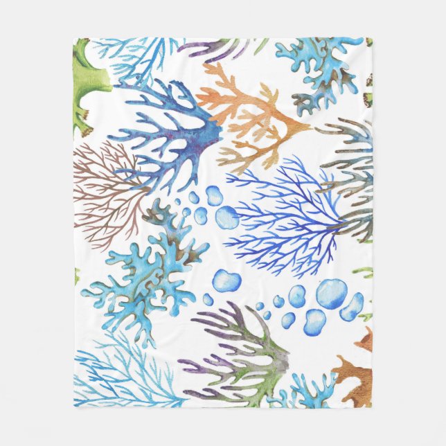 Couverture Polaire Coraux dessinés à la main : motif sous-marin. (Devant)