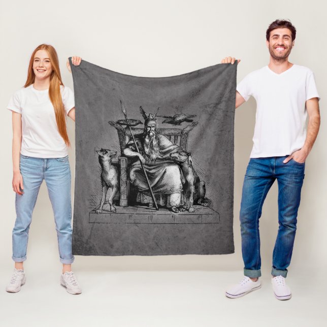 Couverture Polaire Corbeaux d'Odin sur son trône de pierre mythologie (En situation)