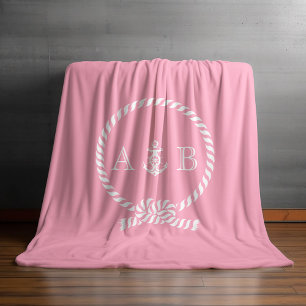 Couverture Polaire Corde marine rose et Ancre Monogrammé