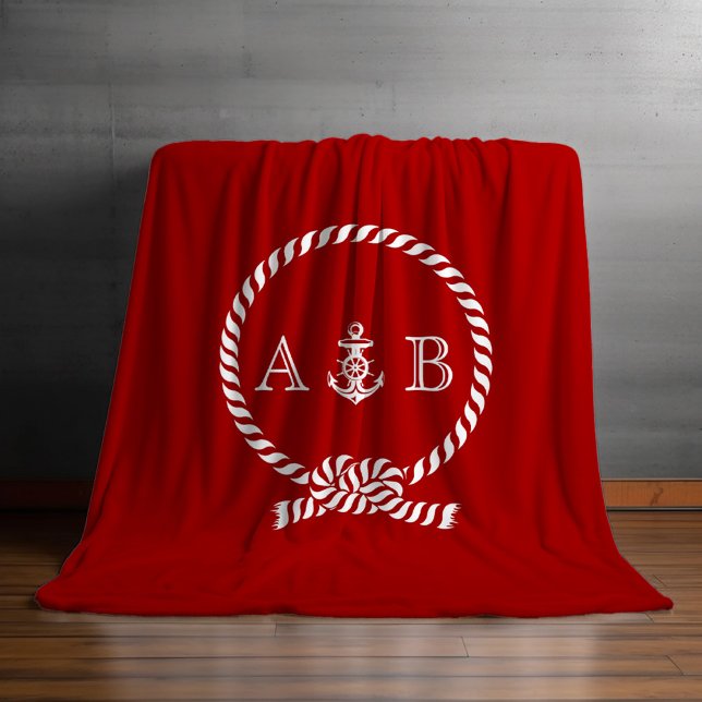 Couverture Polaire Corde marine rouge et Ancre Monogrammé (Créateur téléchargé)