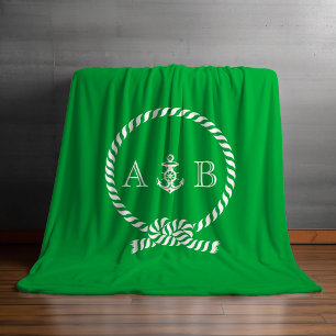 Couverture Polaire Corde marine verte et Ancre Monogrammé