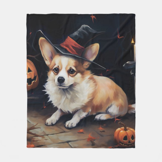 Couverture Polaire Corgi Citrouille Halloween effroi (Devant)