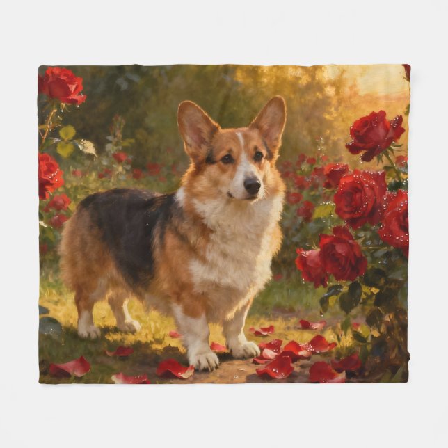 Couverture Polaire Corgi dans les Roses V (Devant (Horizontal))