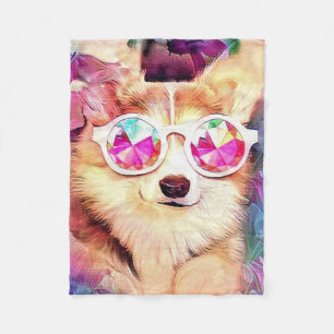 Couverture Polaire Corgi de Gallois avec des fleurs et des verres