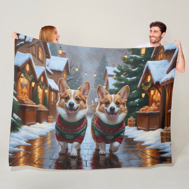 Couverture Polaire Corgi Dogs Christmas Snow Holiday (En situation)