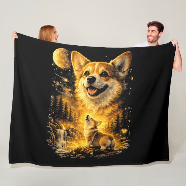 Couverture Polaire corgi drôle hurlant à la lune (En situation)