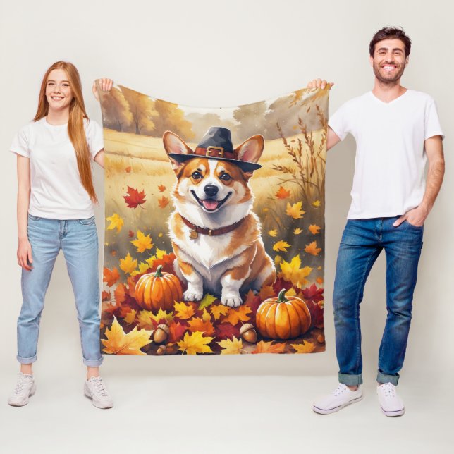 Couverture Polaire Corgi En Automne Laisse L'Art Thanksgiving (En situation)