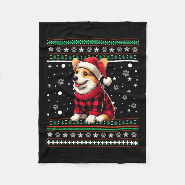 Couverture Polaire Corgi Funny Ugly Buffalo Plaid Santa Hat Noël (Devant)