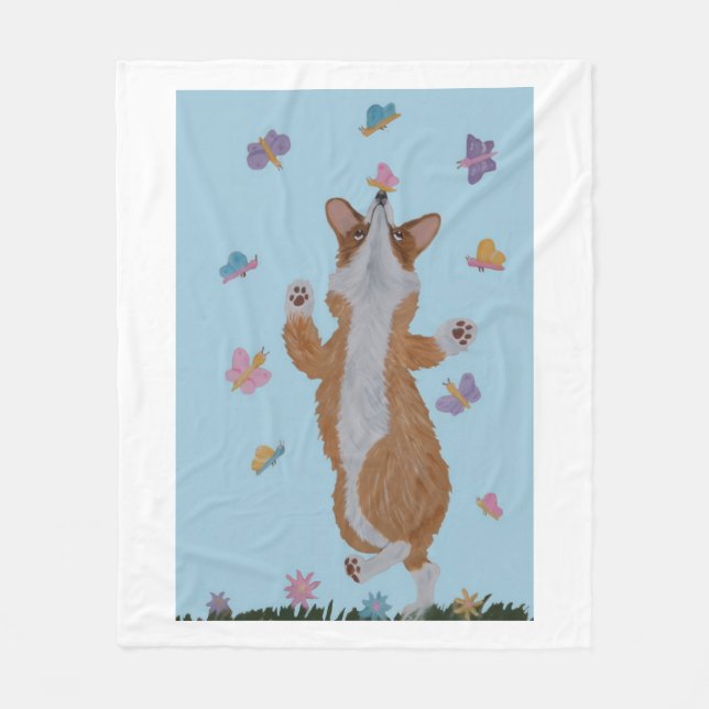 Couverture Polaire Corgi gallois dansant avec des papillons (Devant)