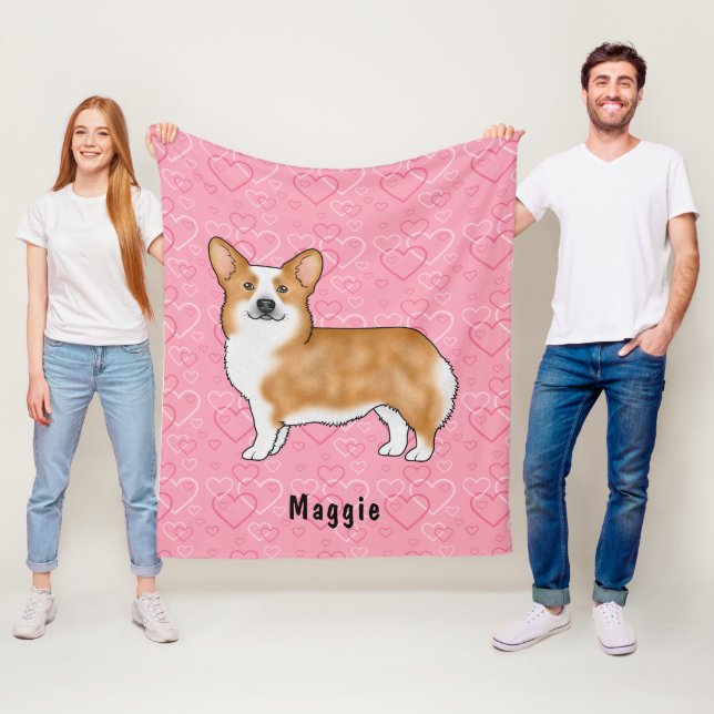 Couverture Polaire Corgi gallois Pembroke Rouge Sur Coeur Rose Avec N (En situation)