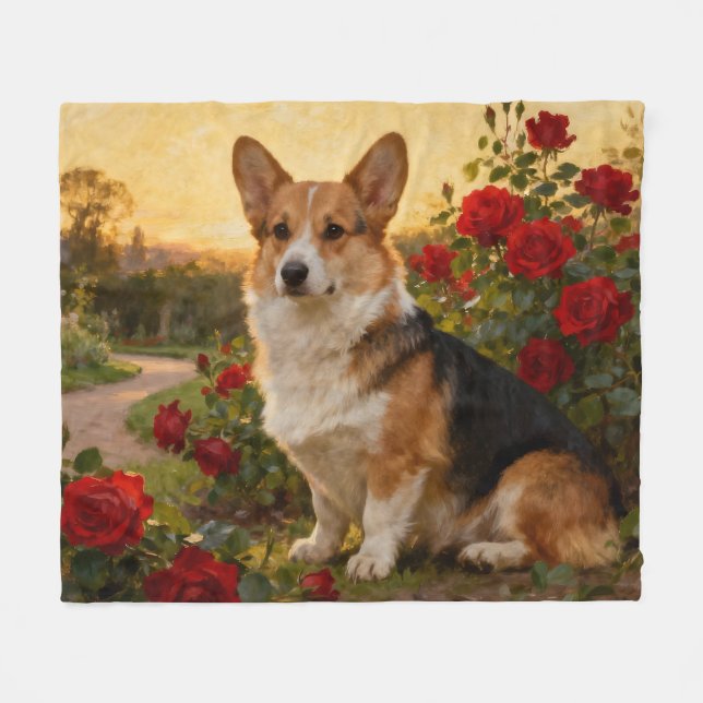 Couverture Polaire Corgi in the Roses II (Devant (Horizontal))