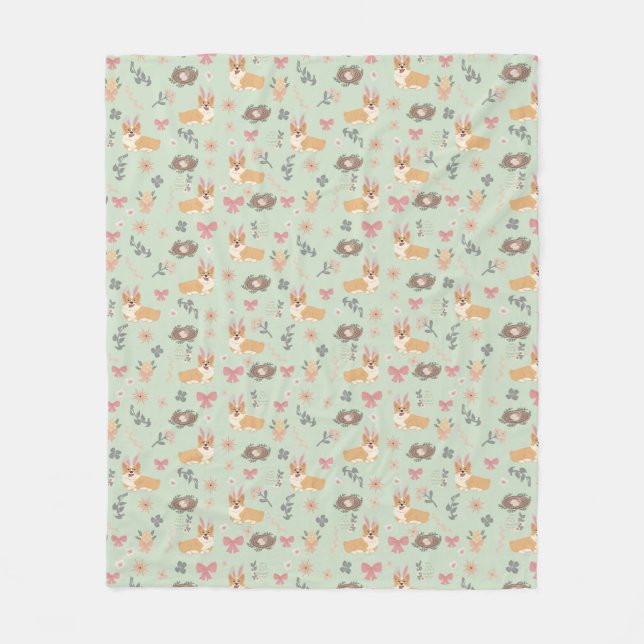 Couverture Polaire Corgi Mint Garden Floral Seamless Pattern (Devant)
