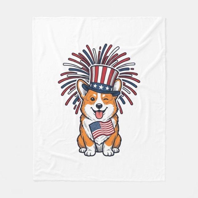 Couverture Polaire Corgi patriotique feux d'artifice Chien Conception (Devant)
