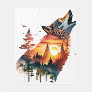 Couverture Polaire Coucher de soleil double exposition loup hurlant