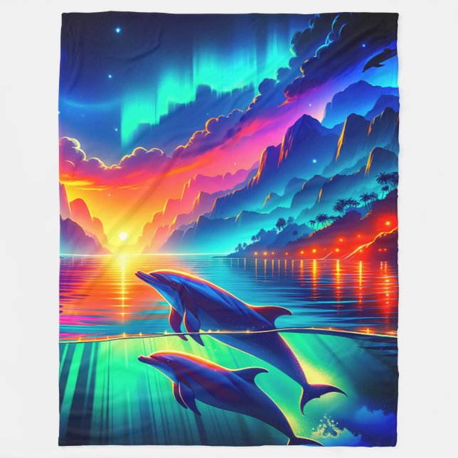Couverture Polaire "Coucher de soleil pour dauphin Aurora - Art océan (Devant)