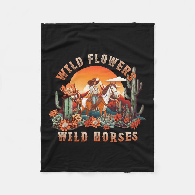 Couverture Polaire Coucher du soleil fille équitation Cheval Fleurs s (Devant)