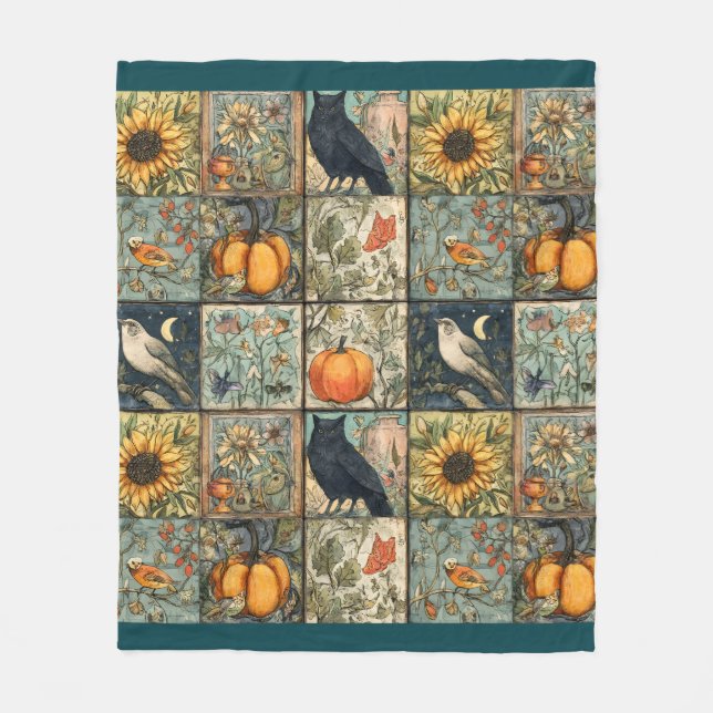 Couverture Polaire Coucou automnal à motif patchwork citrouille hibou (Devant)