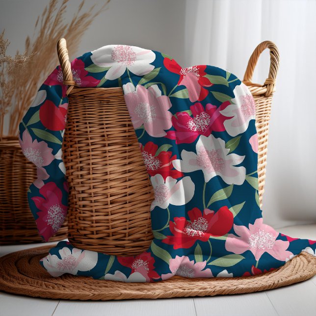 Couverture Polaire Couleur Rouge Floral Motif Bleu (Créateur téléchargé)