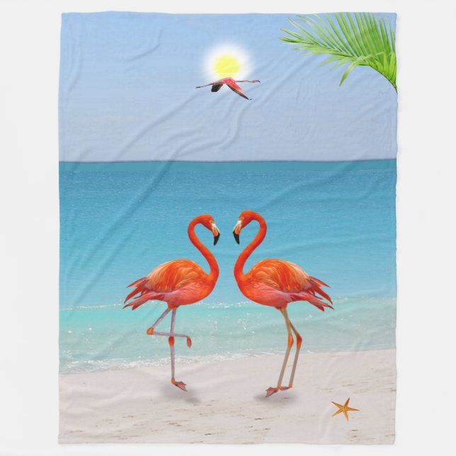 Couverture Polaire Couple Flamant rose rouge & feuille de palme sur l (Devant)