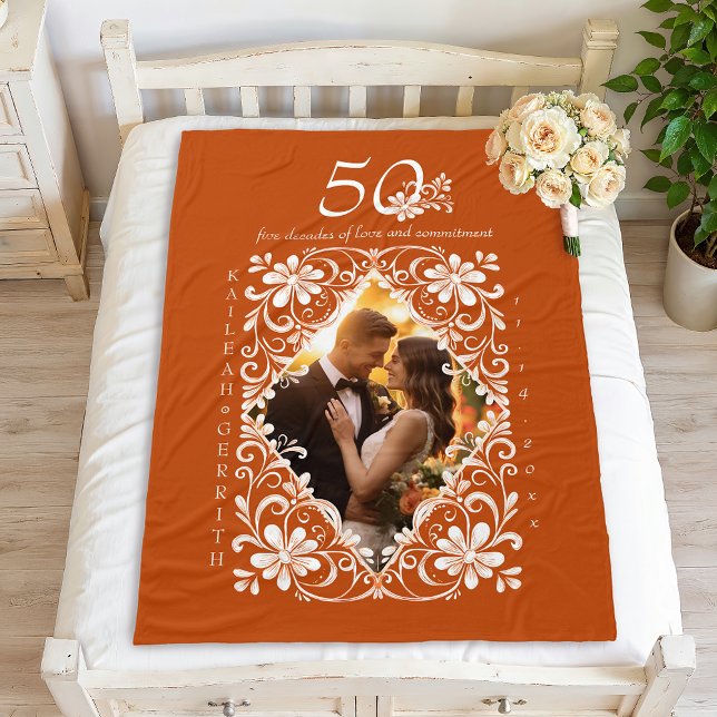 Couverture Polaire Couples romantiques Photo brûlée Orange 50 Anniver (Créateur téléchargé)