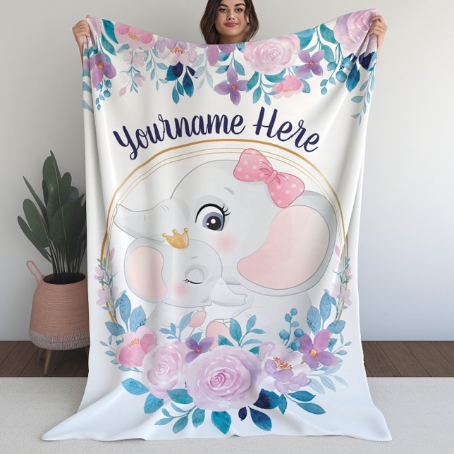 Couverture Polaire Couronne de fleurs rose pâle pour éléphant mère et (Mother and Baby Elephant Pink Blush Flower Wreath Fleece Blanket (L))