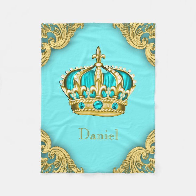 Couverture Polaire Couronne de Prince Bébé Turquoise Bleu Or (Devant)