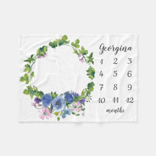 Couverture Polaire Couronne Florale Bébé Fille Bleu Violet Mensuel Ja