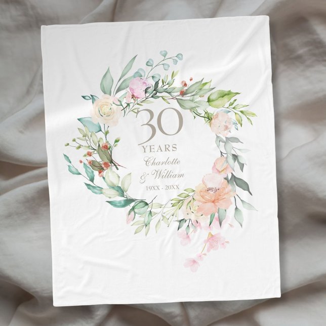 Couverture Polaire Couvre-lit 30 ans de mariage perle à personnaliser (30th Pearl Wedding Anniversary Floral Garland Fleece Blanket)