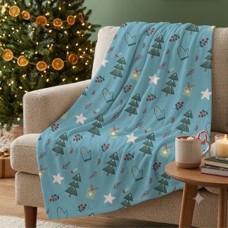 Couverture Polaire Cozy Dusty Blue Watercolor Christmas Tree Pattern