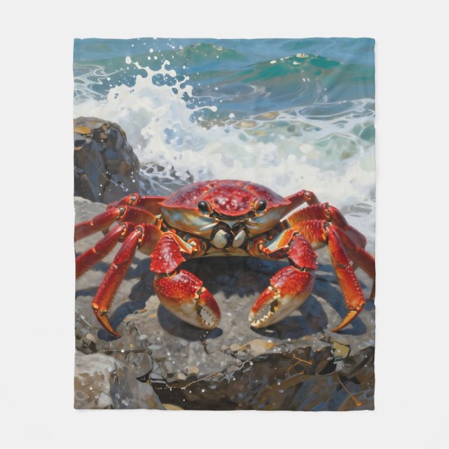 Couverture Polaire Crabe Rouge Vibrant et Vagues Océaniques (Devant)