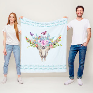 Couverture Polaire Crâne animal Boho avec papillons et fleurs