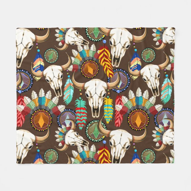 Couverture Polaire Crâne de Buffalo Emblème Amérindien (Devant (Horizontal))