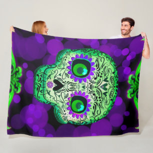 Couverture Polaire Crâne de sucre lumineux vert et violet Halloween