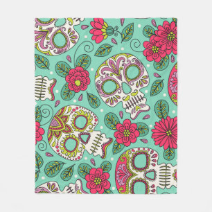 Couverture Polaire Crâne et fleurs mexicaines, sans soudure.