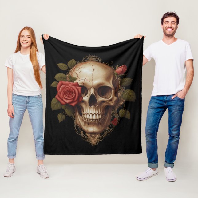 Couverture Polaire Crâne et roses rouges (En situation)