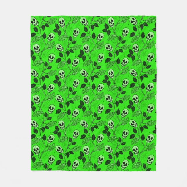 Couverture Polaire Crâne Floral Gothique Vert Néon  (Devant)