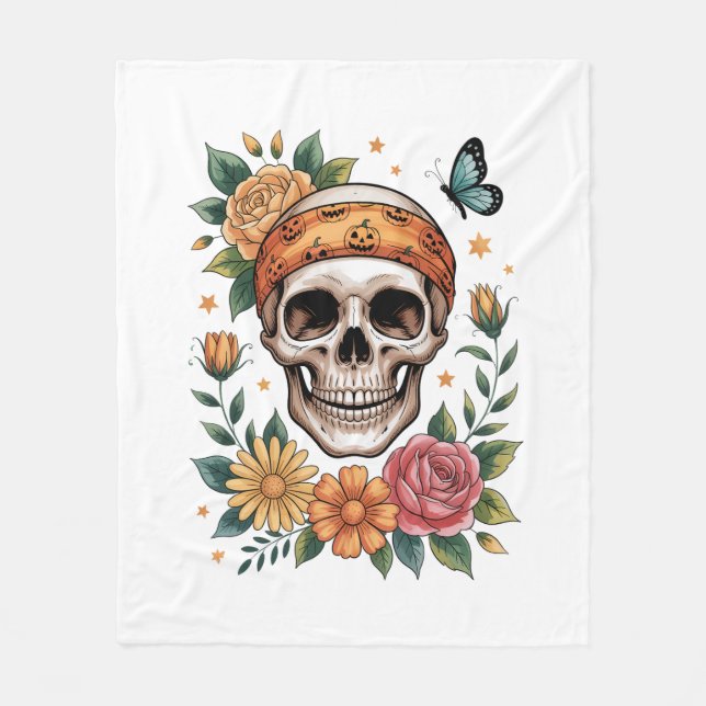 Couverture Polaire Crâne Floral Halloween Effrayant (Devant)