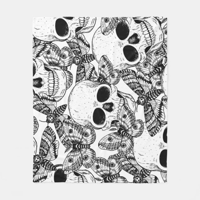 Couverture Polaire Crâne, papillons : motif vintage à main (Devant)