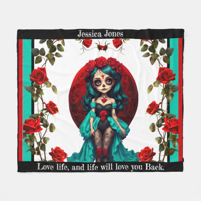 Couverture Polaire Crânes de sucre avec roses sarcelles et rouges (Devant (Horizontal))
