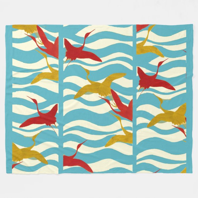 COUVERTURE POLAIRE CRANES ROUGES JAUNES VOLANT SUR DES VAGUES BLANCHE (Devant (Horizontal))