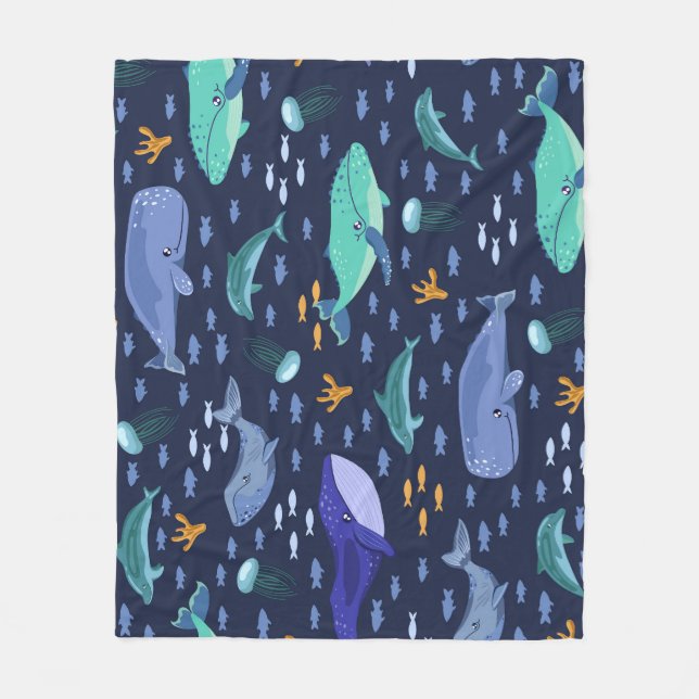 Couverture Polaire Créatures marines : baleines, méduses motif. (Devant)