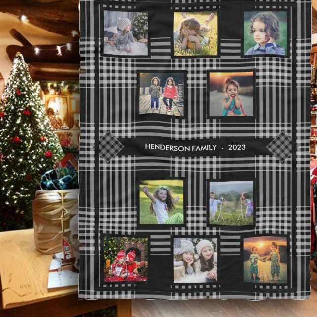 Couverture Polaire Créez votre propre nom de famille de collage photo (Beautiful keepsake fleece blanket. Family photo collage on black and white buffalo plaid pattern, )