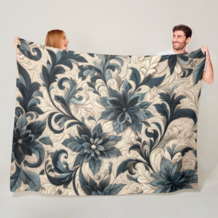 Couverture Polaire Crème courbée et conception florale bleu marine