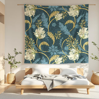Couverture Polaire Crème et bleu Floral Art Nouveau