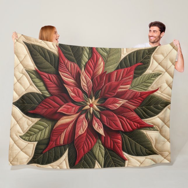 Couverture Polaire Crème Poinsettia Motif dorée (En situation)